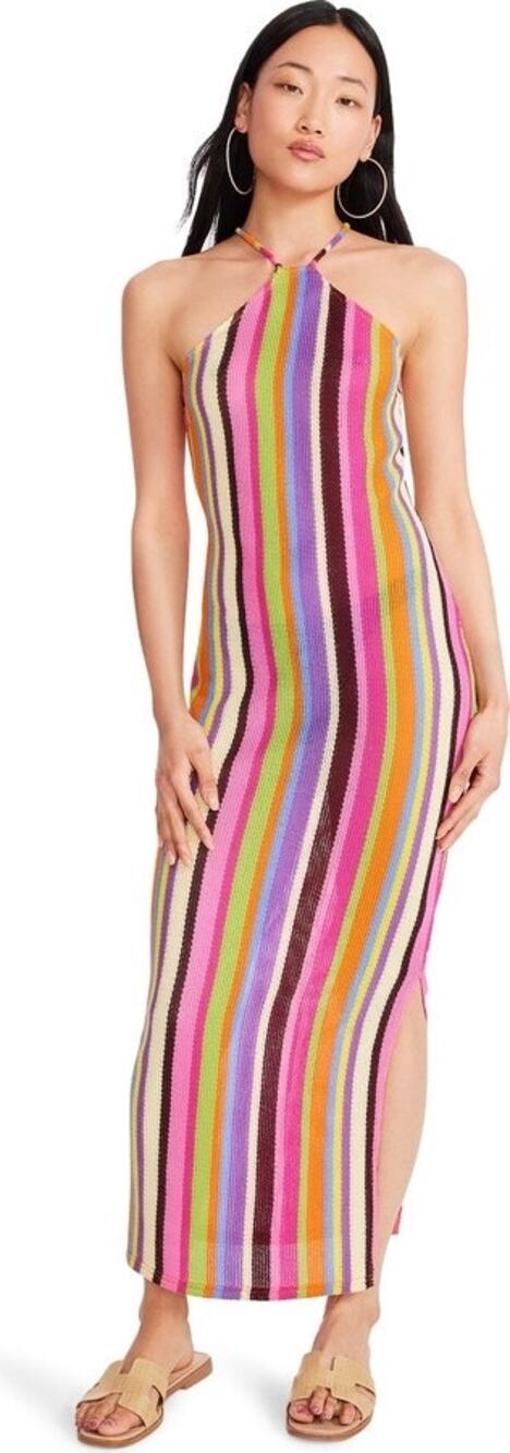 NEW Steve Madden Multicolor Rainbow Striped Sleeveless Halter Maxi Dress Sz S